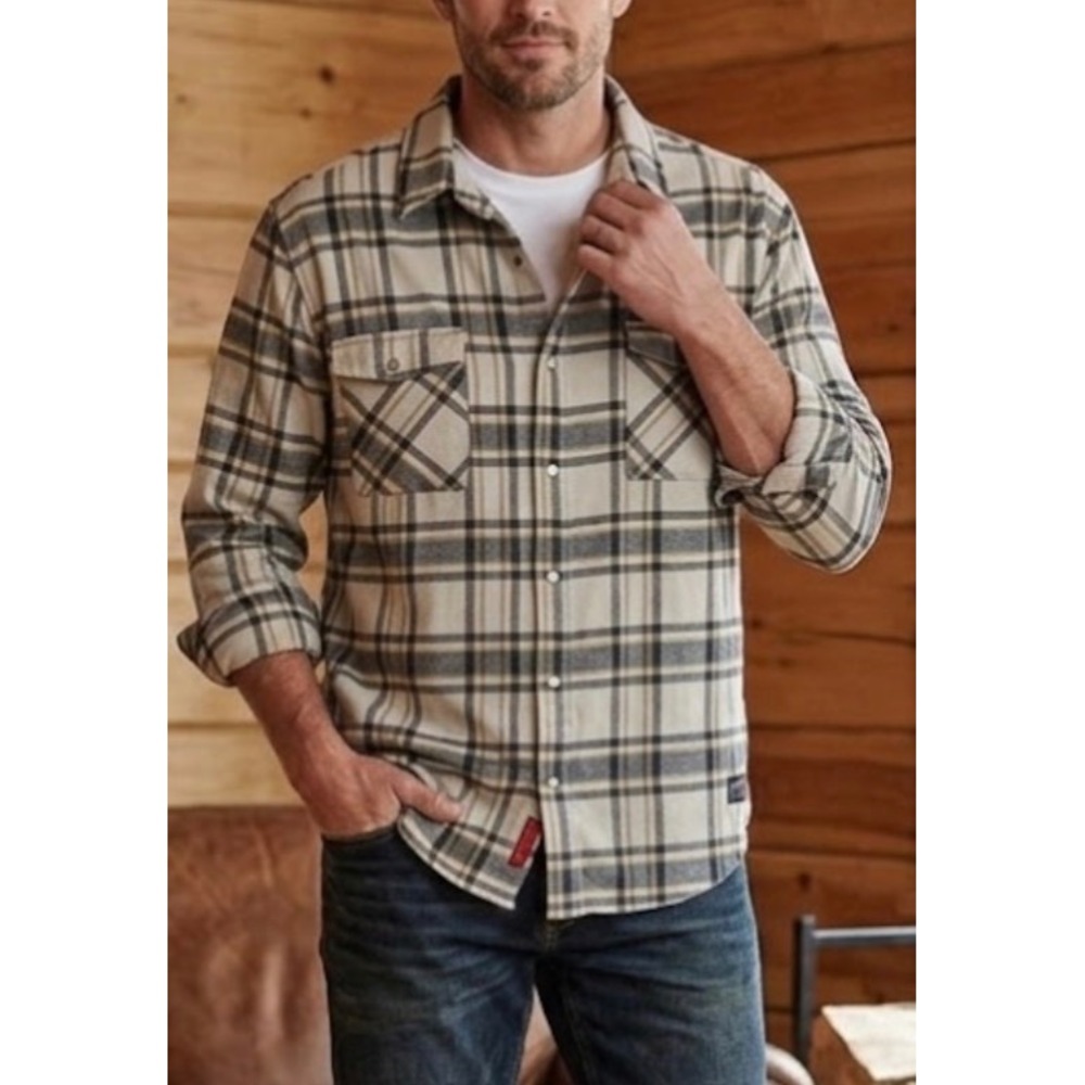 Troll Co. Plaid Flannel Shirt Snap‎ Button Men's XL Black and Beige